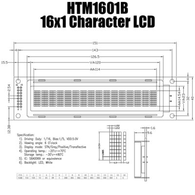 16x1 흑백 LCD 디스플레이 모듈, S6A0069 작은 LCD 모듈 HTM1601B